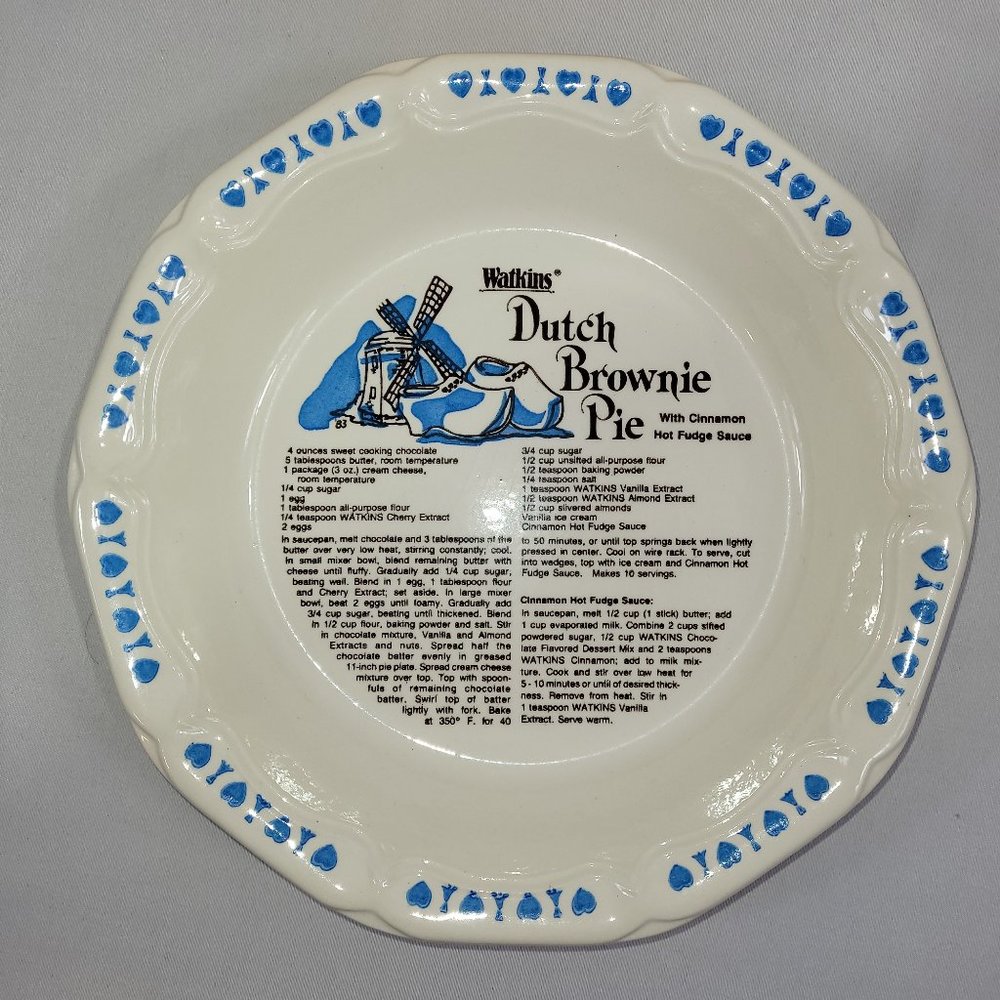 Watkins Dutch Brownie Pie 11" Vintage 1983 Ceramic Recipe Baking Dish